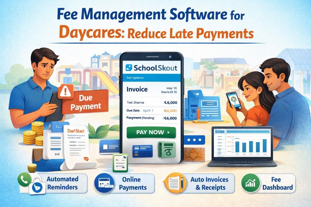 SchoolSkout fee management software helping daycares reduce late payments: stressed owner with due payment notices, happy parents using app for online payments, automated reminders, auto invoices, and fee dashboard.