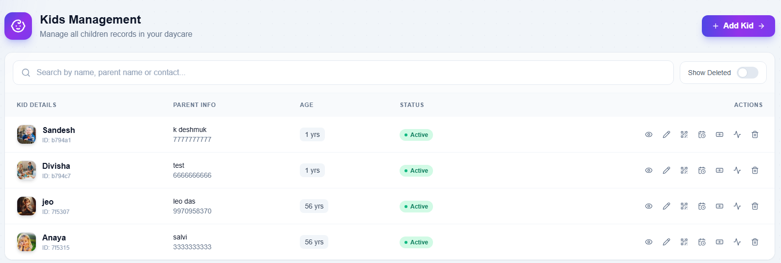 Kids management feature in daycare software - SchoolSkout dashboard showing child records, parent info, age, status and quick actions.