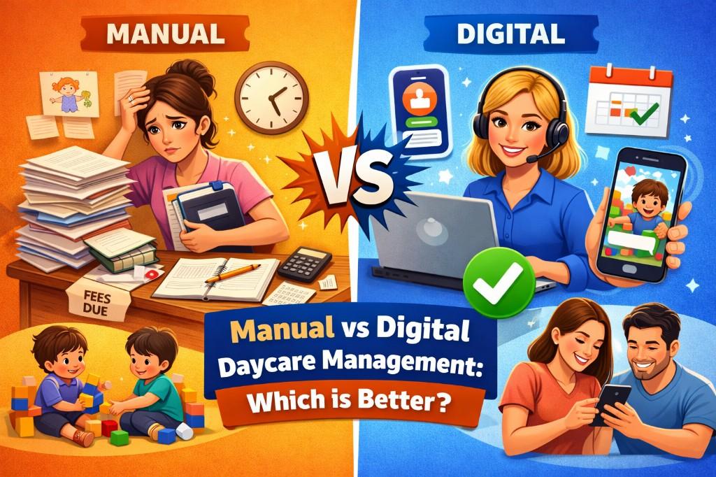 Manual vs digital daycare management comparison - stressed admin with paperwork vs confident admin with laptop and happy parents using daycare software.